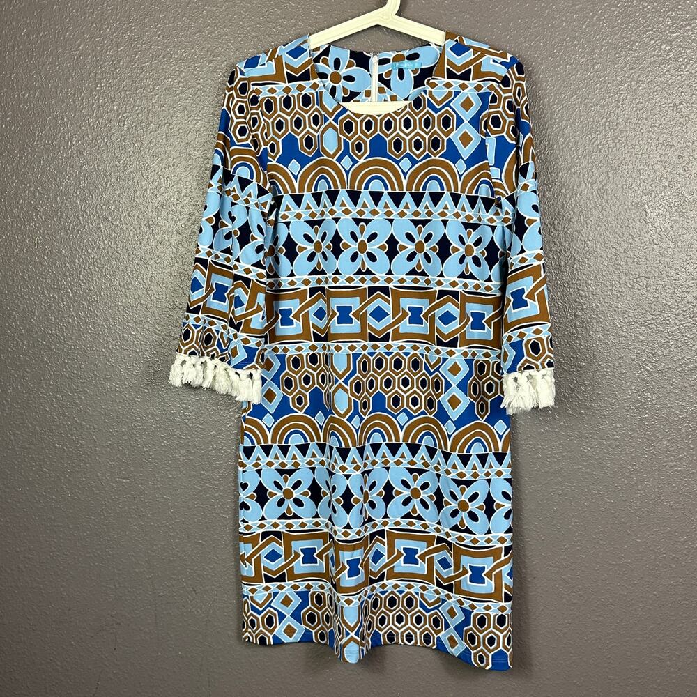 J McLaughlin Shift Dress Small Catalina Brown Blue Geometric Tassel Stretchy
